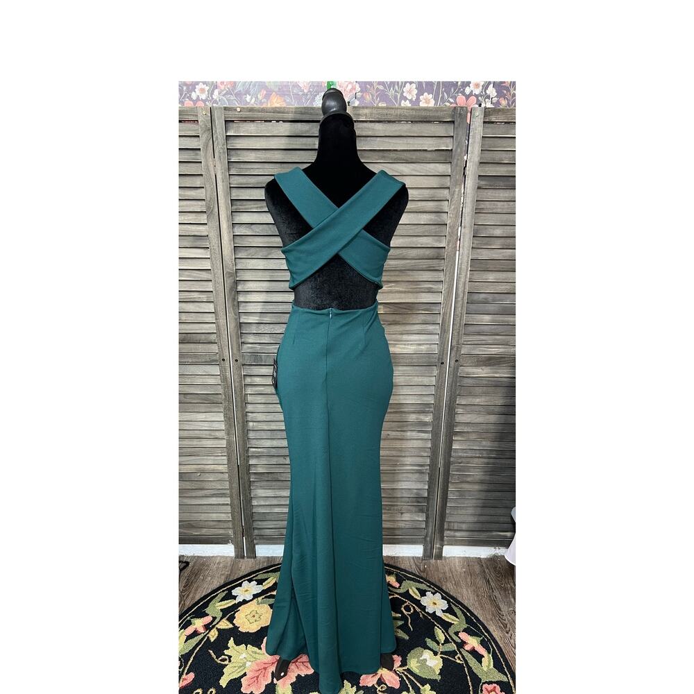 Lulus Teal Green Ruched Maxi Dress NWT Cross Back High Slit Formal Gown S - Picture 5 of 7